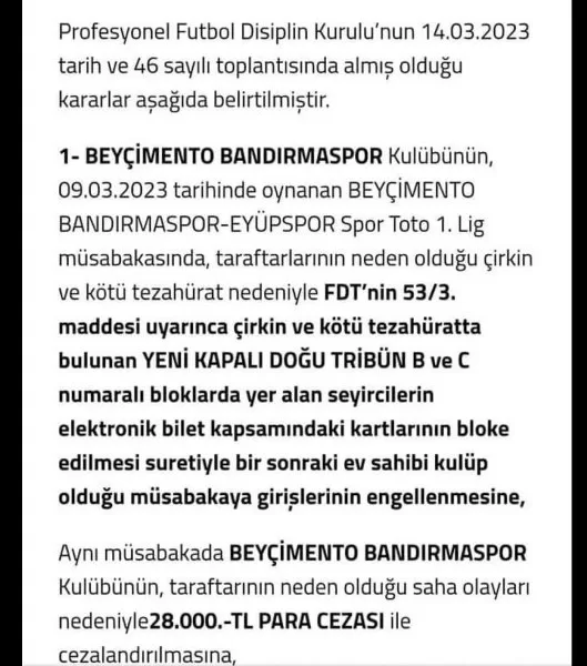 Bandırmaspor’a Kötü Tezahürat Cezası